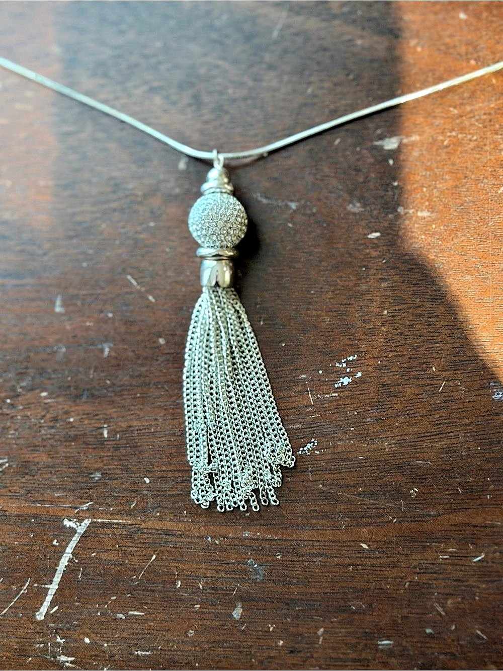 Nine West Silver Pave Rhinestone Disco Ball Chain Tassel Statement Necklace Long